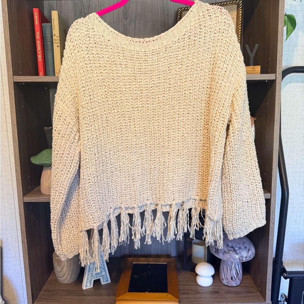 Altar'd State Cream Knit Sweater with Fringe